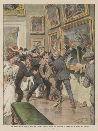 Tabet af et kunstværk, en vandal skærer og ødelægger et mesterværk på Louvre-museet af dumhed af Achille Beltrame